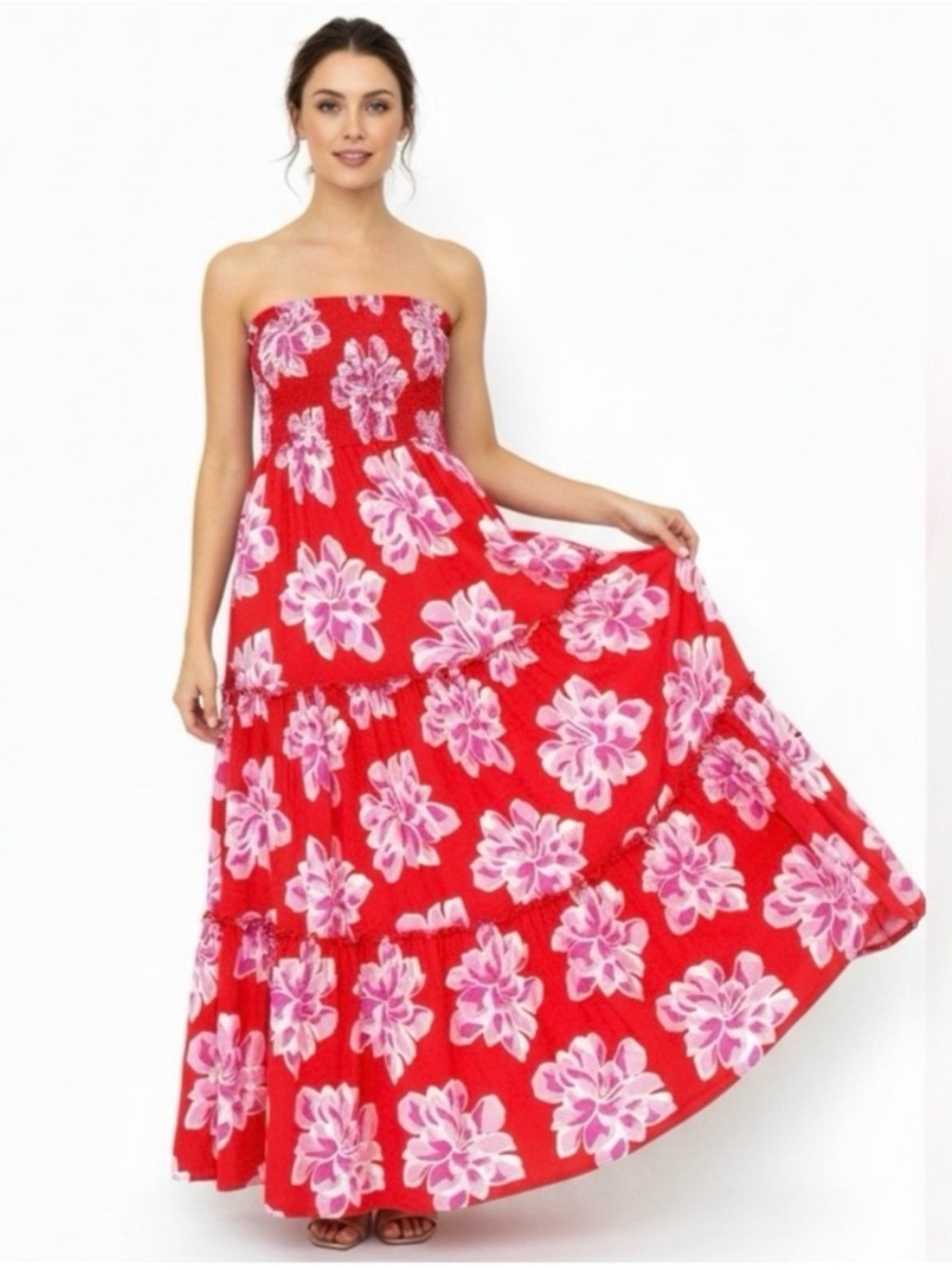 NWT New Anthropology Abel The Label Strapless Red  & Pink Floral Maxi Dress XL